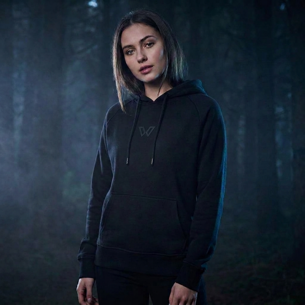Black W Icon Hoodie an Frau getragen – schwarzes Logo in Gummi-Optik