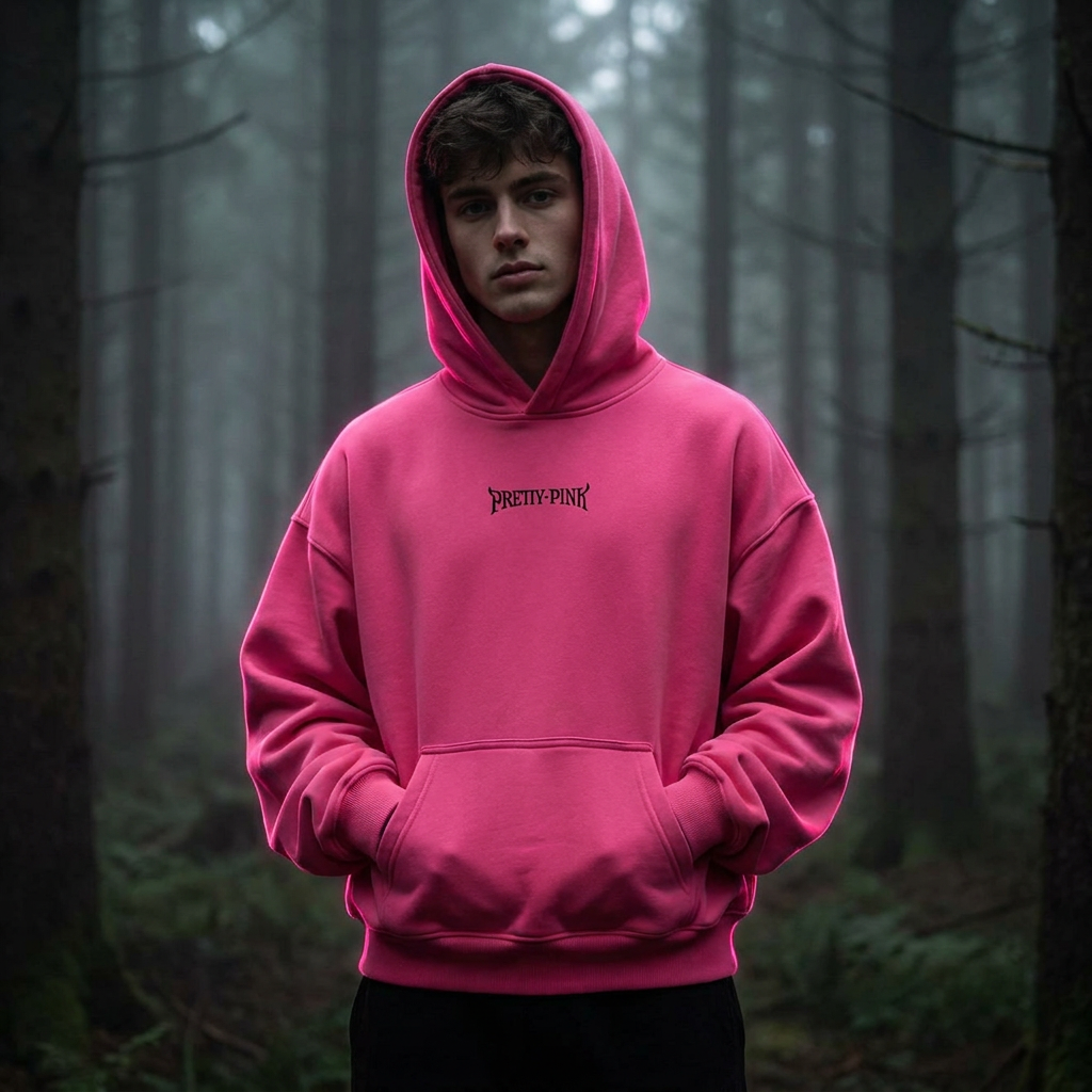 Pretty Pink Logo Hoodie Pink an Mann getragen – Oversize-Fit