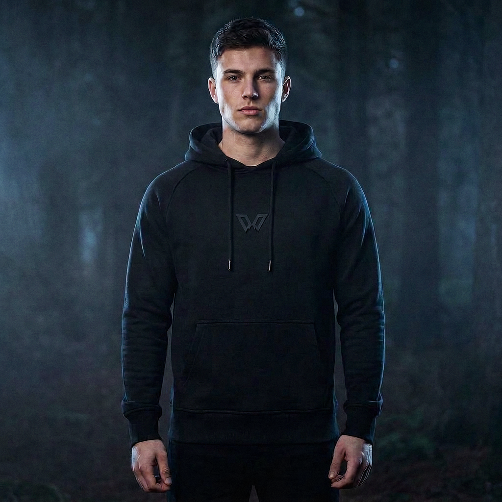 Black W Icon Hoodie an Mann getragen – schwarzes Logo in Gummi-Optik